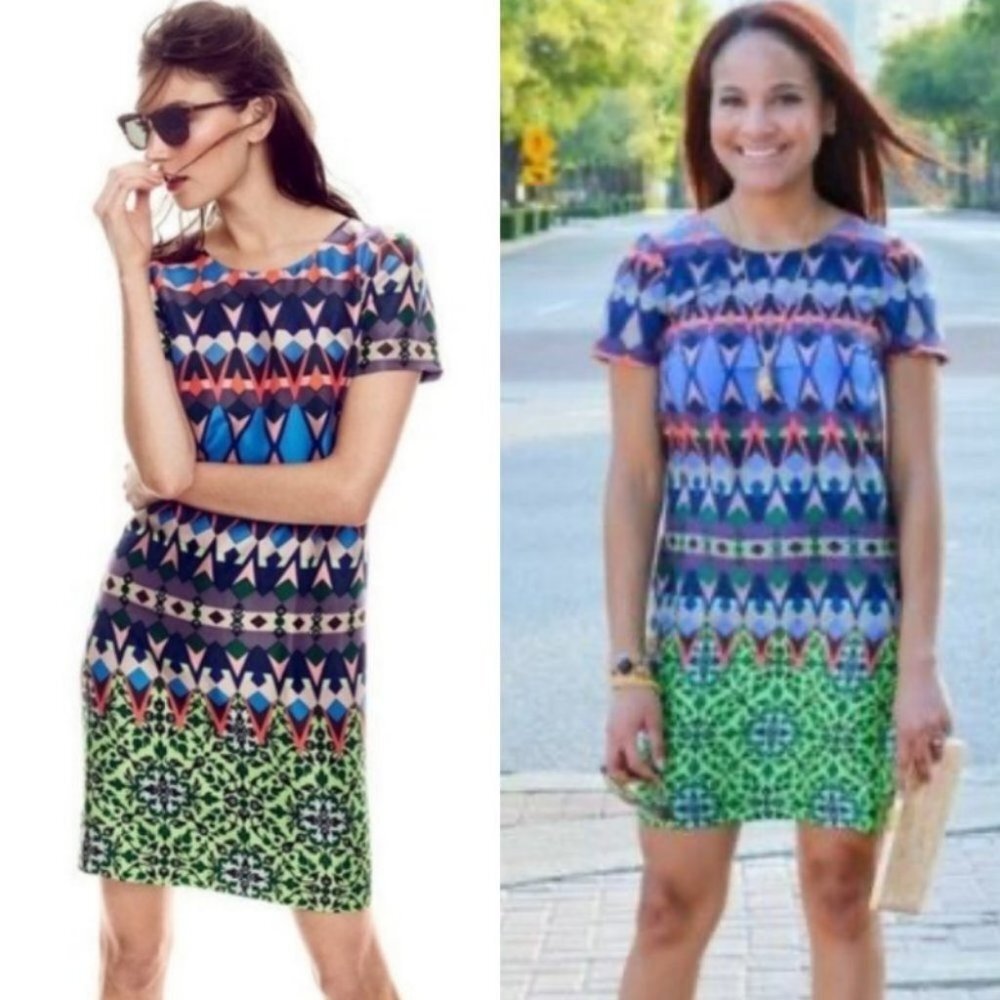 J Crew 100% Silk Short Sleeve Mini Shift Dress Size 00 Petite Bohemian Lined XS